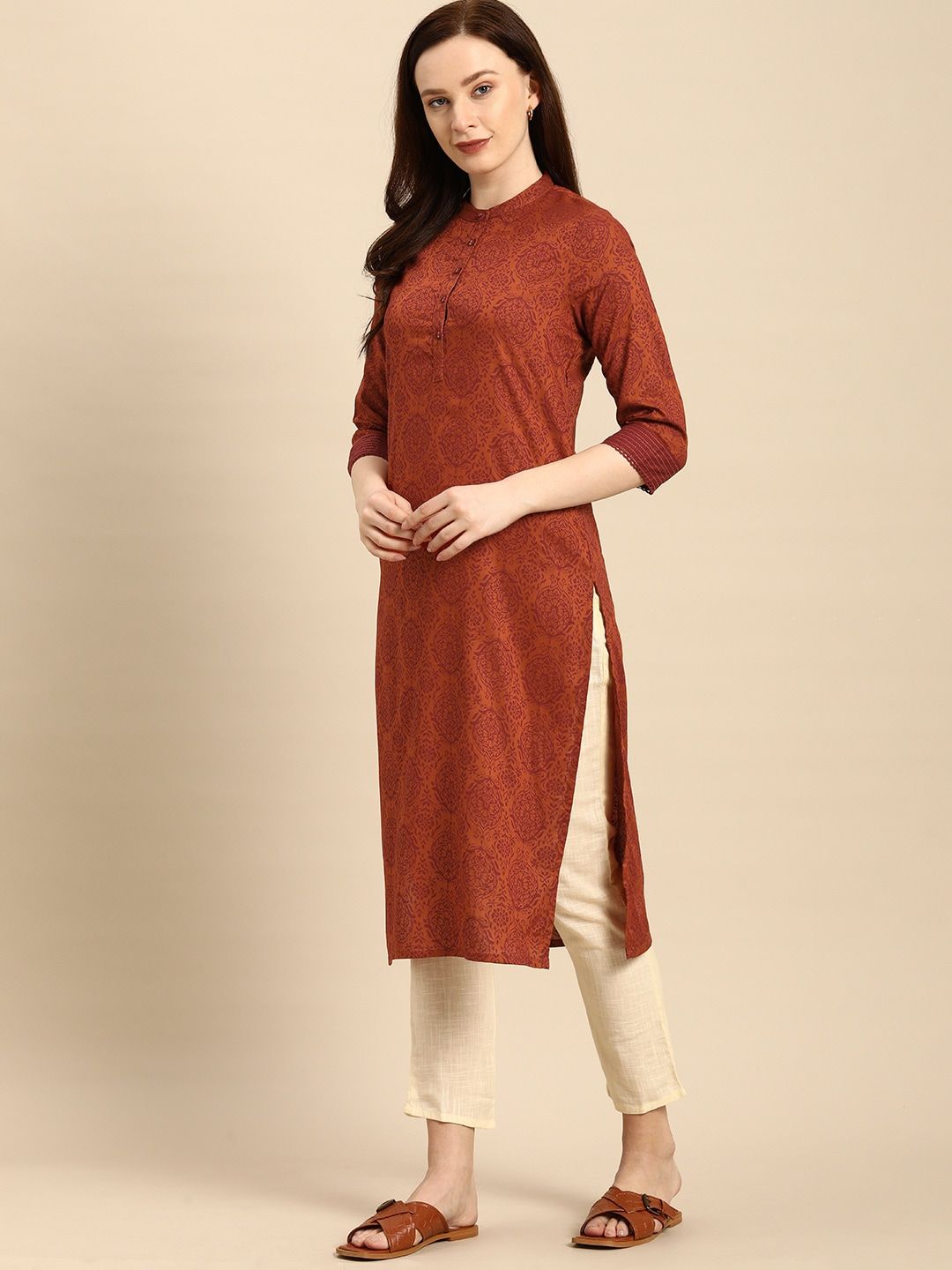 all about you Women Rust Brown Ethnic Motifs Printed Straight Kurta