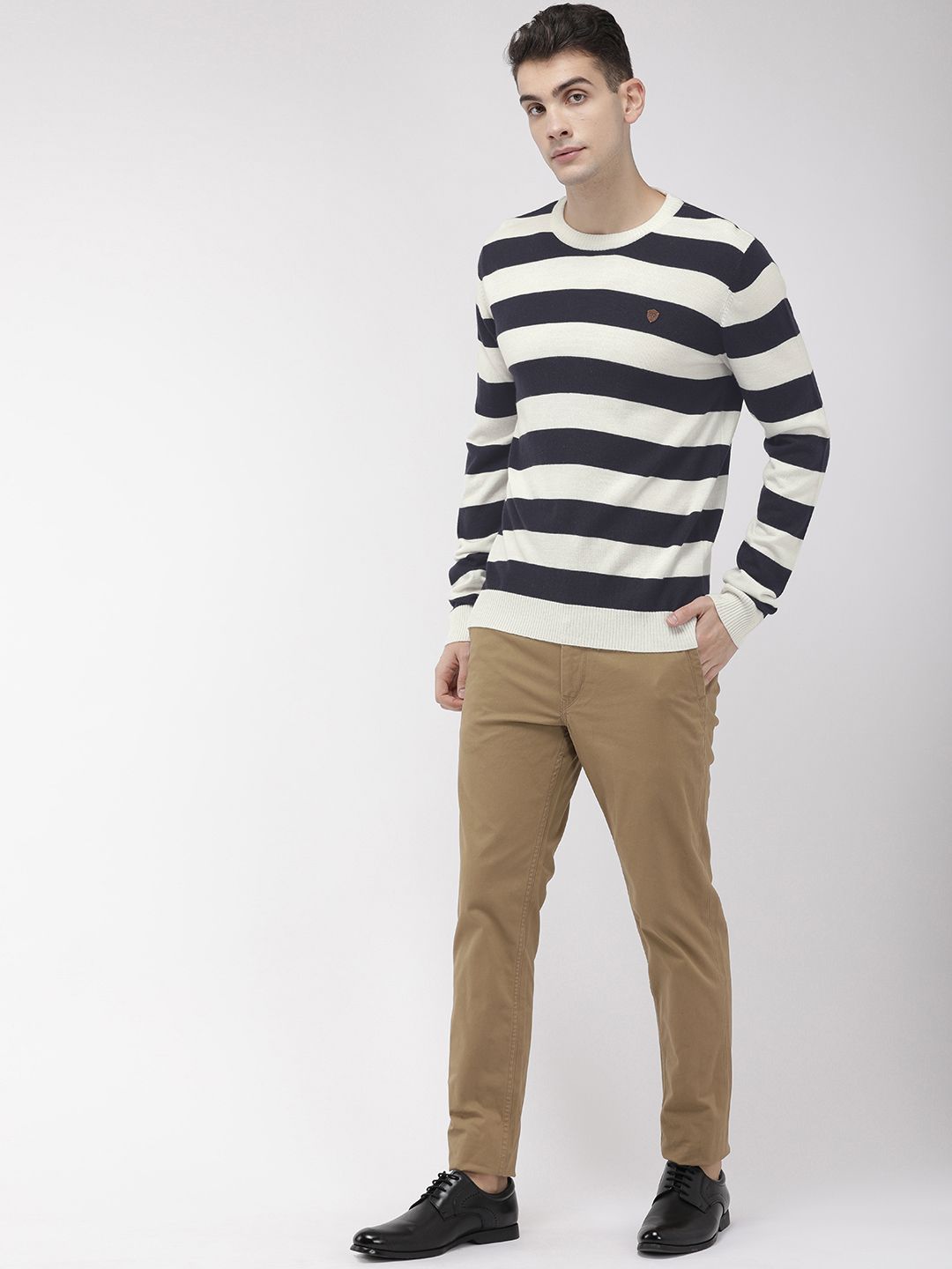 Raymond Men Navy Blue & White Striped Pullover Sweater