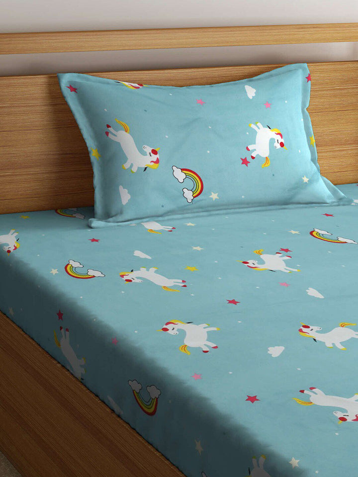 KLOTTHE Blue & White Printed Fitted 300TC Single Bedsheet With 1 Pillow Cover