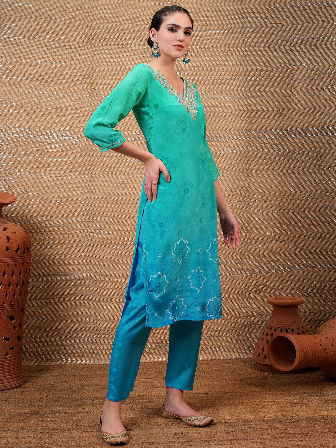 Vishudh Blue Bandhani Printed Sequinned Straight Kurta With Trousers & Dupatta