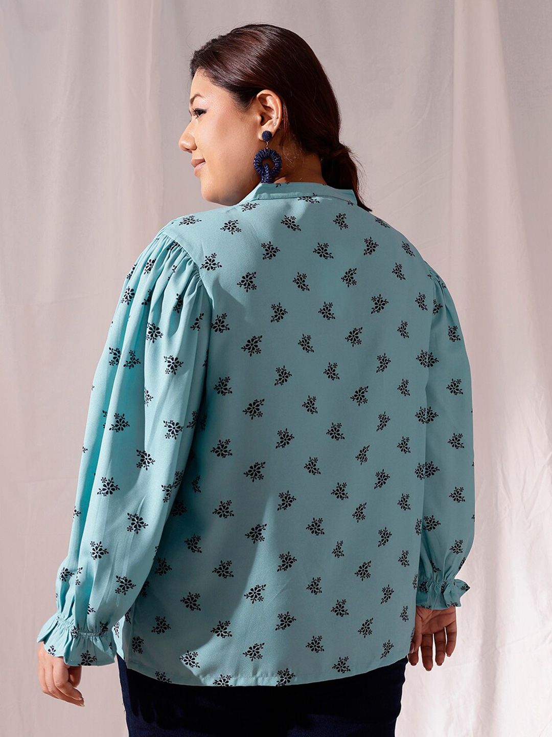 CURVY STREET Plus Size Comfort Floral Printed Mandarin Collar Casual Shirt