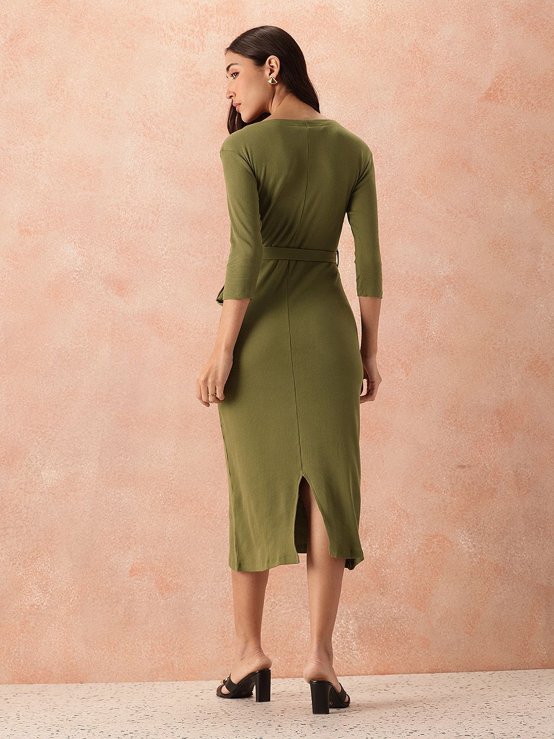 all about you Cotton Ribbed Sheath Midi Dress with Belt