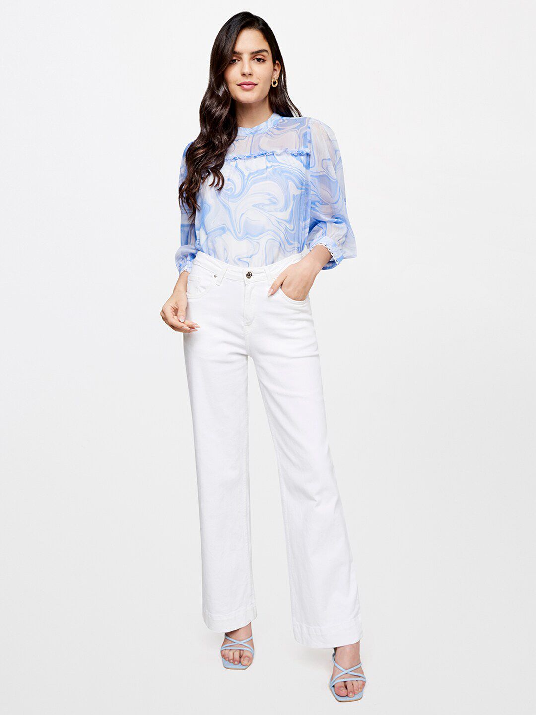 AND Women Blue and White Printed Mandarin Collar Shirt Style Top