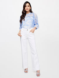 AND Women Blue and White Printed Mandarin Collar Shirt Style Top