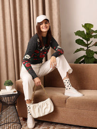 STREET 9 Black & Red Floral Self Design Pullover