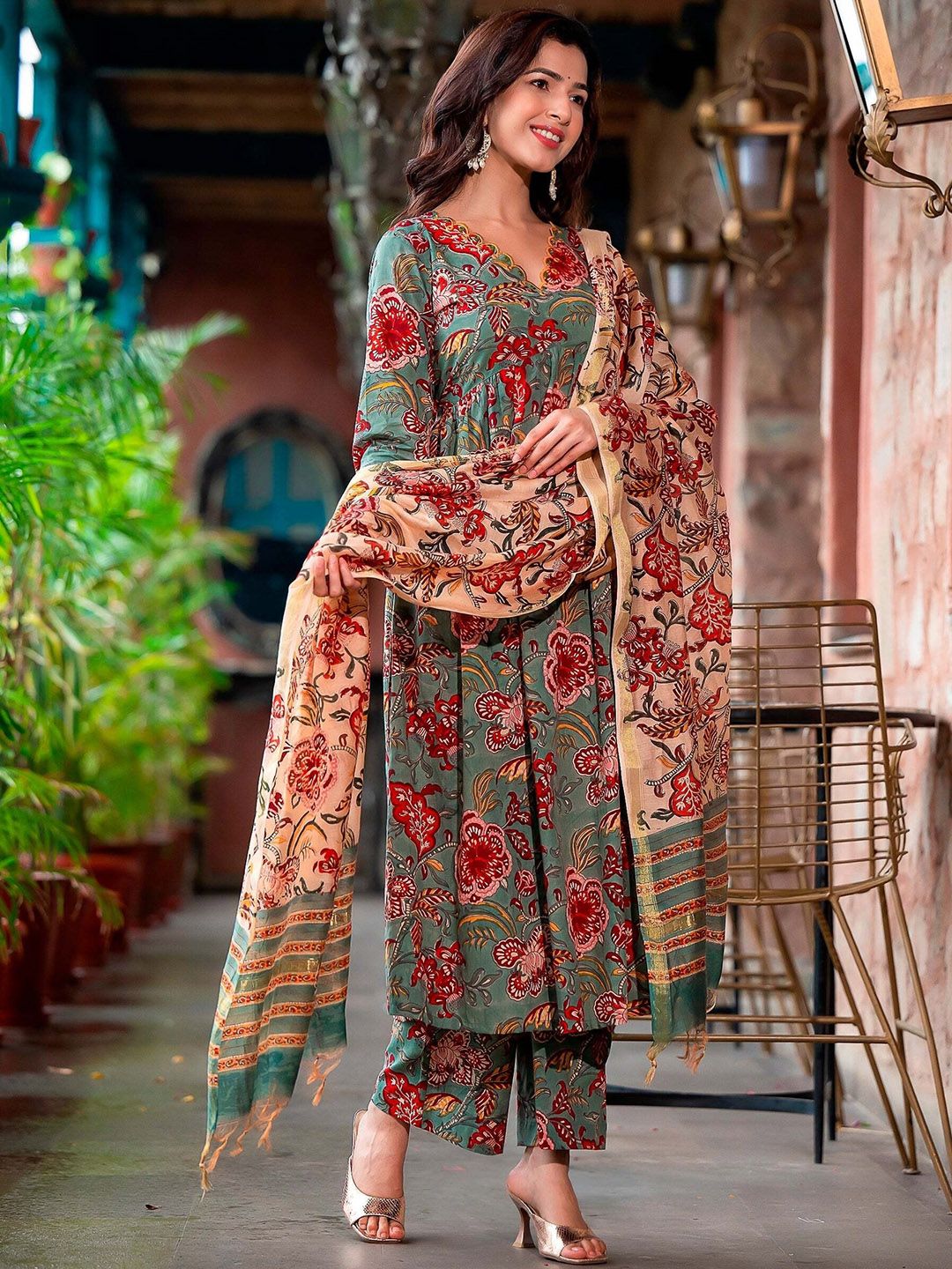 KALINI Floral Printed Empire Kurta with Trousers & Dupatta