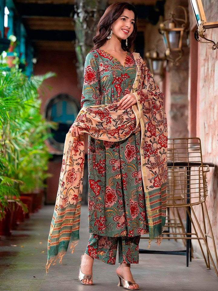 KALINI Floral Printed Empire Kurta with Trousers & Dupatta