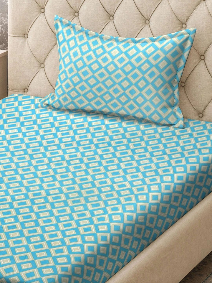 Myntra Elegant Homes Turquoise Blue Geometric 300 TC Single Bedsheet with 1 Pillow Covers