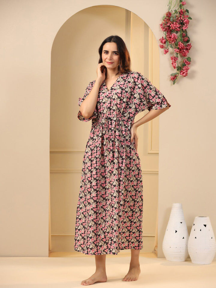 SANSKRUTIHOMES Black Floral Printed Pure Cotton Maxi Nightdress