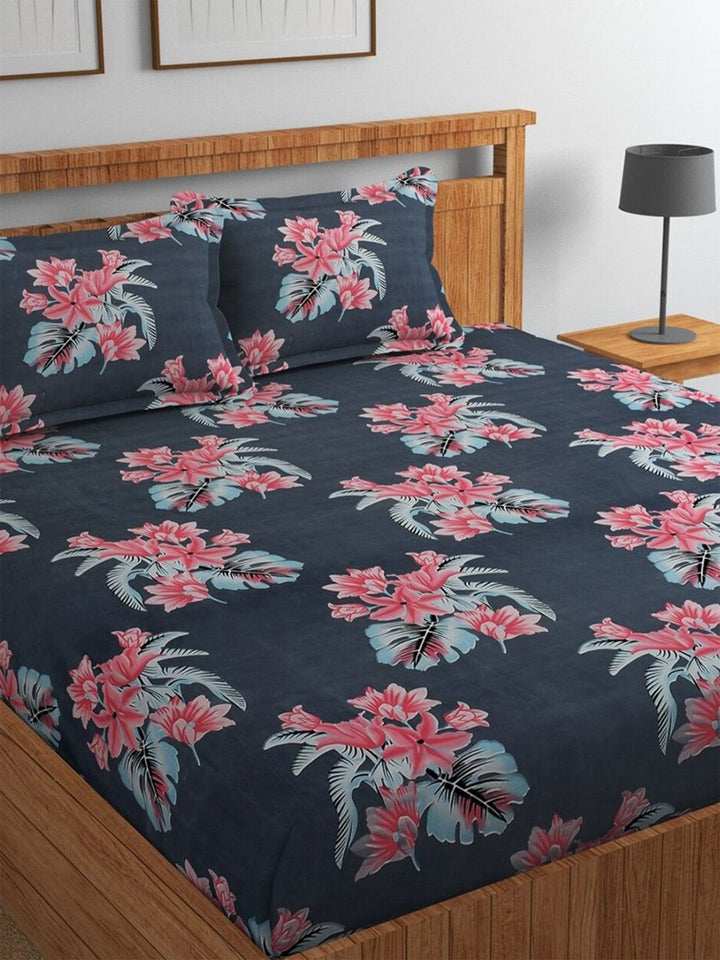 BOMBAY DYEING Grey Melange & Pink Floral 144 TC Queen Bedsheet with 2 Pillow Covers