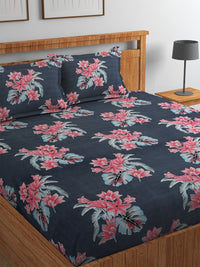 BOMBAY DYEING Grey Melange & Pink Floral 144 TC Queen Bedsheet with 2 Pillow Covers