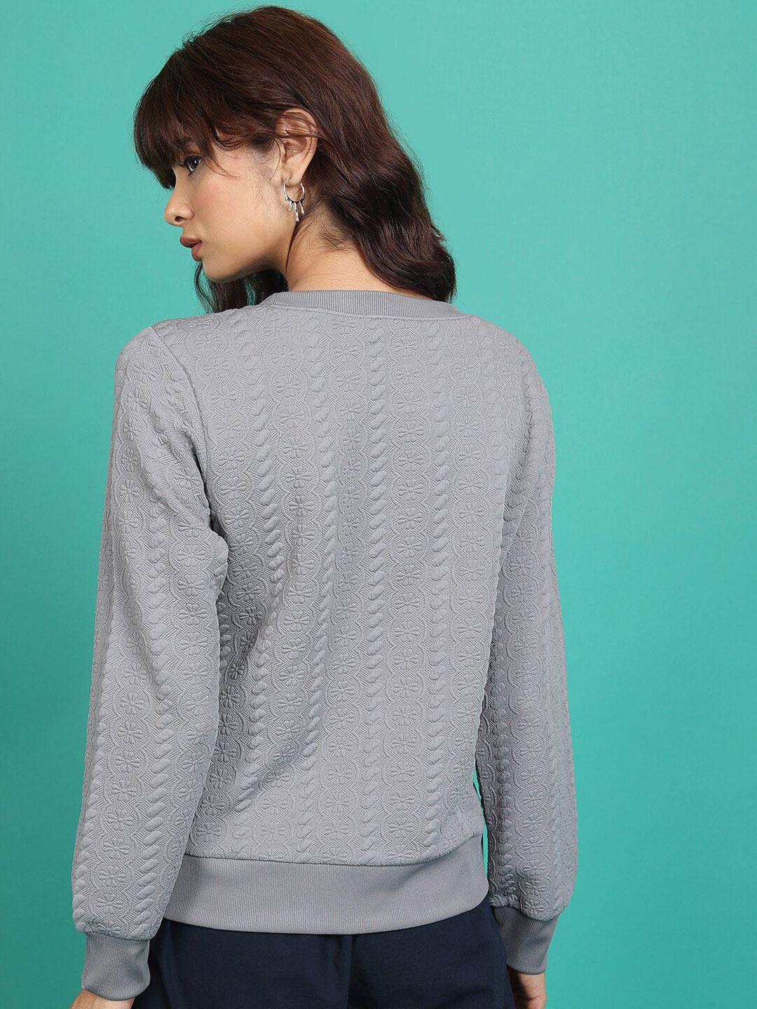 Tokyo Talkies Grey Self Design Long Sleeves Pullover