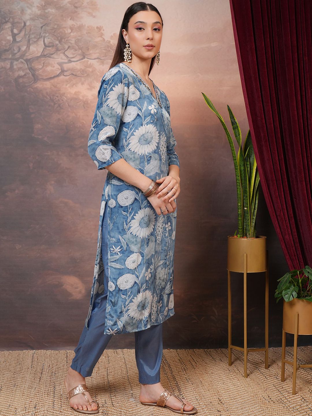 Vishudh Grey Floral Printed Beads & Stones Straight Kurta With Trousers & Dupatta