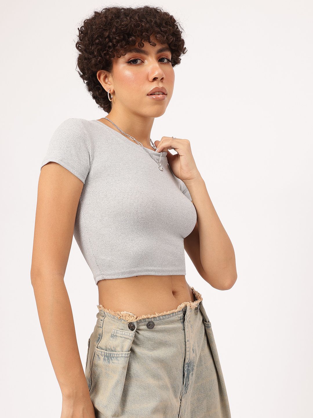 DressBerry Staple Textured Ribbed Crop T-shirt