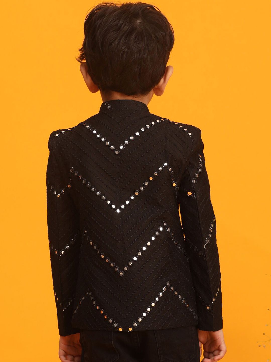 VASTRAMAY Boys Mirror Work Embroidered Slim-Fit Bandhgala Ethnic Blazer