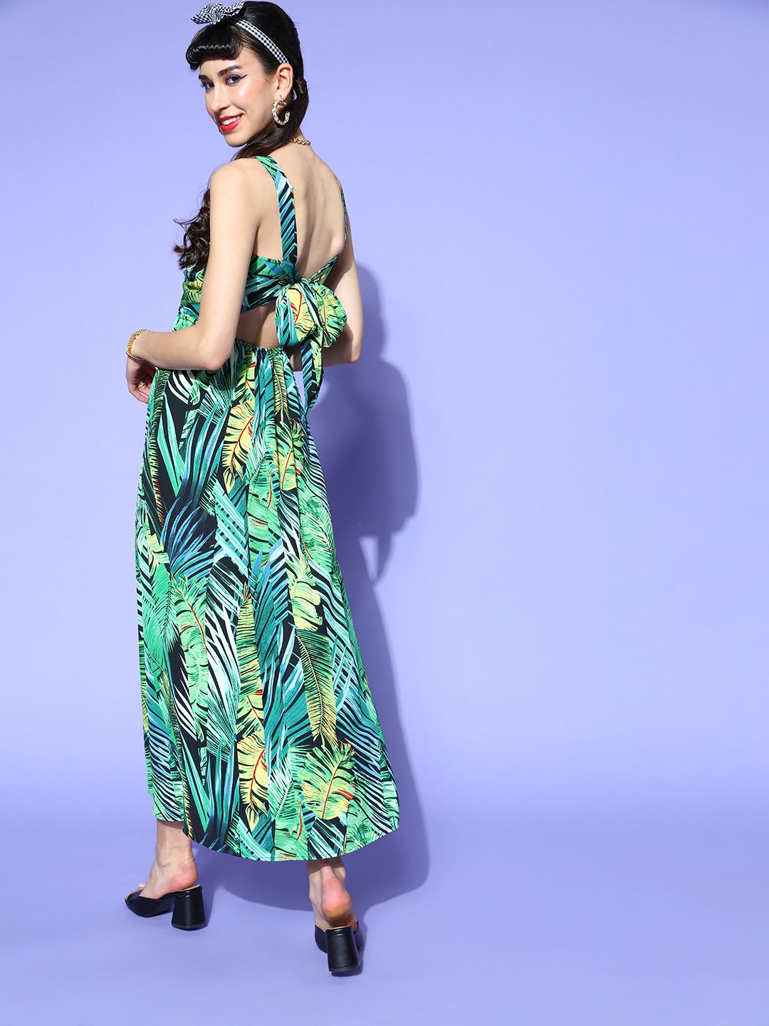 Berrylush Women Green & Yellow Tropical Print Crepe A-Line Maxi Dress