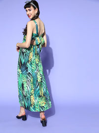 Berrylush Women Green & Yellow Tropical Print Crepe A-Line Maxi Dress