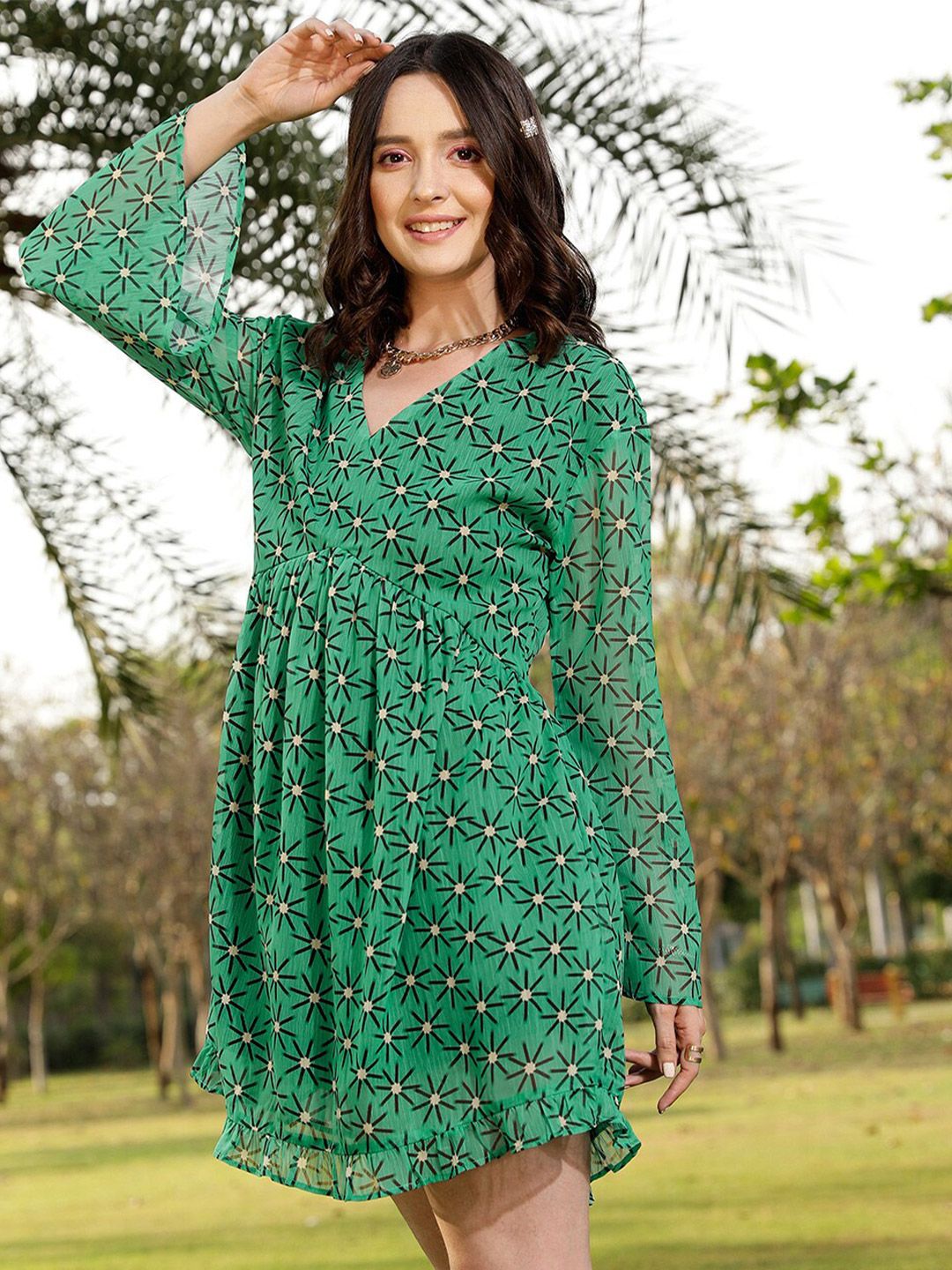 STREET 9 Green & Black Floral Printed A-Line Dress