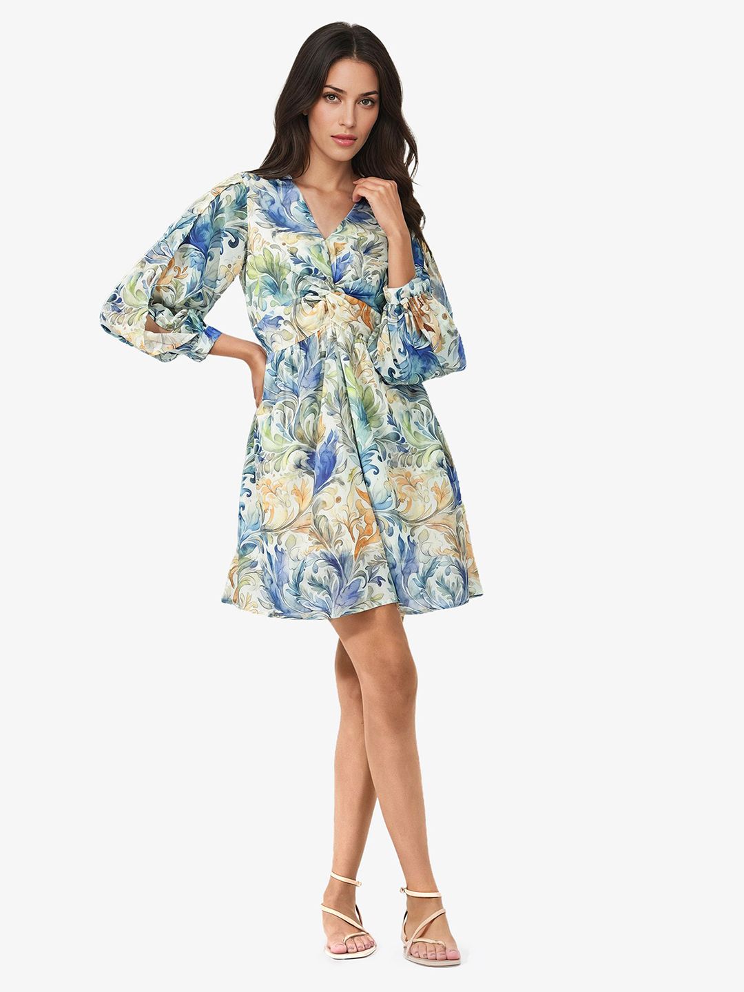 RAREISM Floral Printed Twisted Knot Fit & Flare Dress