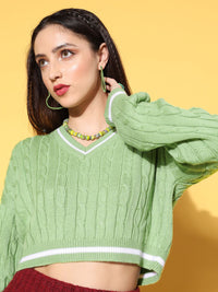 Berrylush Women Green Cable Knit Knits Bits Sweater