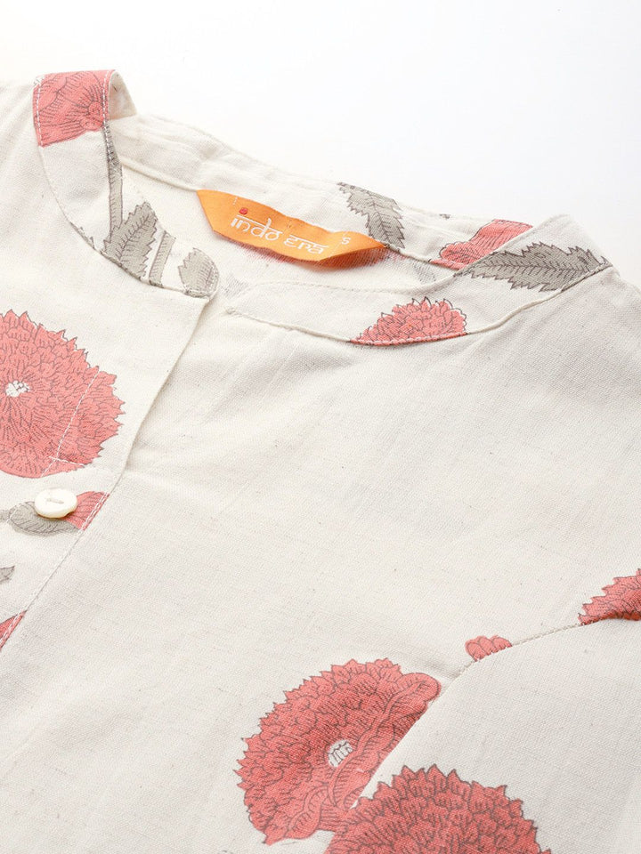 Indo Era Floral Printed Puff Sleeves Pure Cotton Kurta