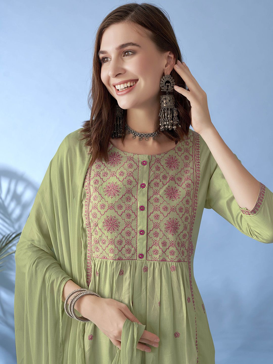 Anouk Floral Embroidered Thread Work Pure Cotton Anarkali Kurta With Trousers & Dupatta