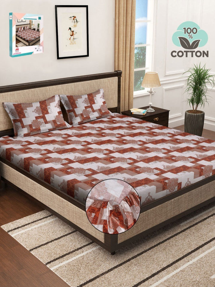 Myntra Elegant Homes Coklat Geometri Kapas 400 TC Dilengkapi Cadar King Superfine dengan 2 Sarung Bantal-106 x 106 inci