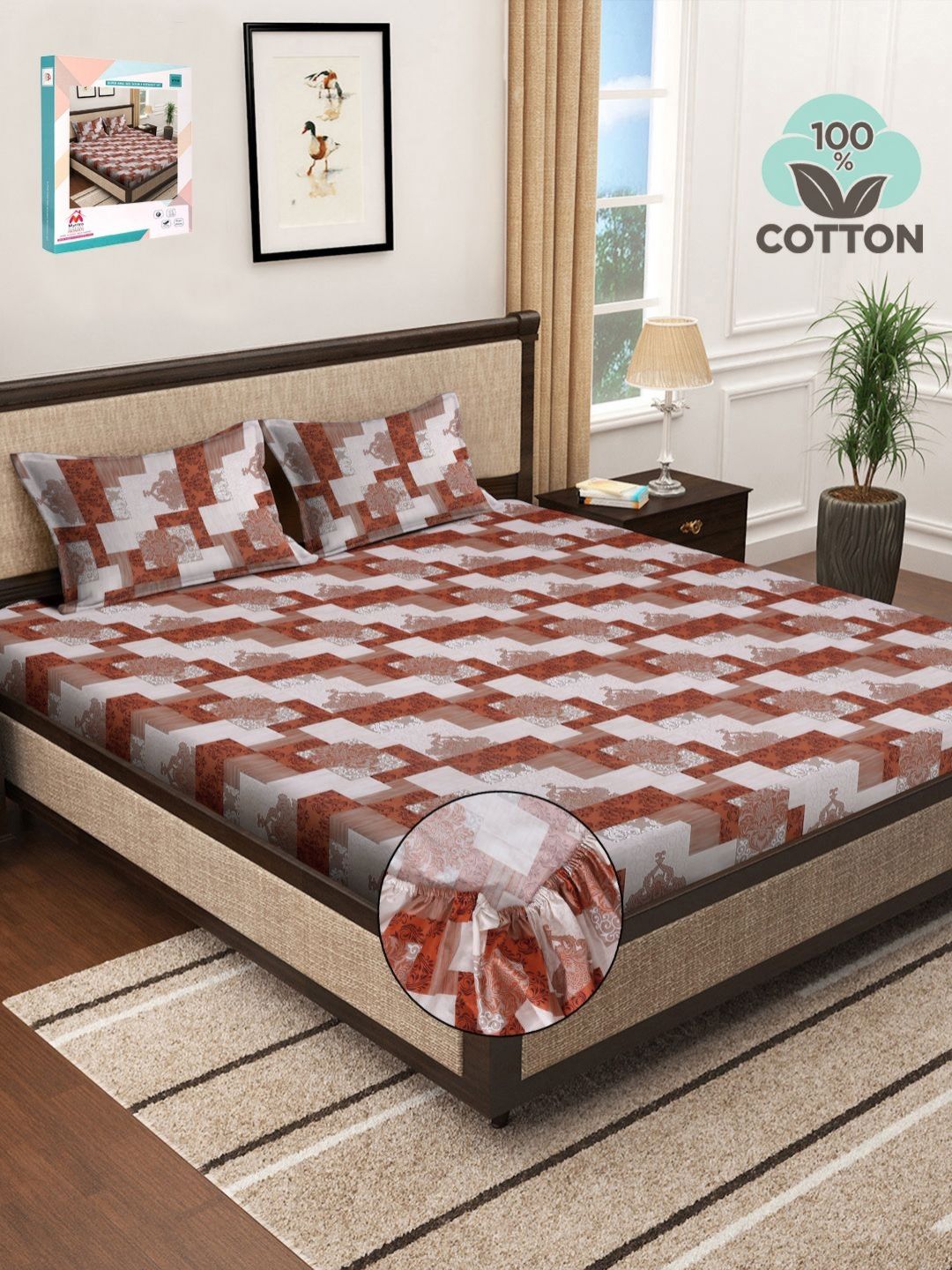 Myntra Elegant Homes Coklat Geometri Kapas 400 TC Dilengkapi Cadar King Superfine dengan 2 Sarung Bantal-106 x 106 inci
