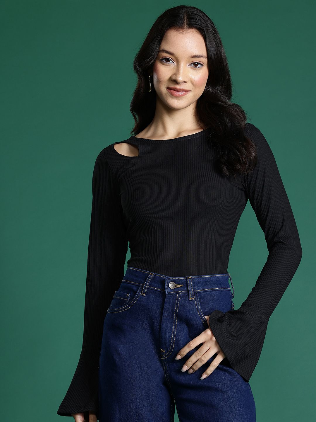 DressBerry Bell Sleeves Ribbed Cut-Out Top