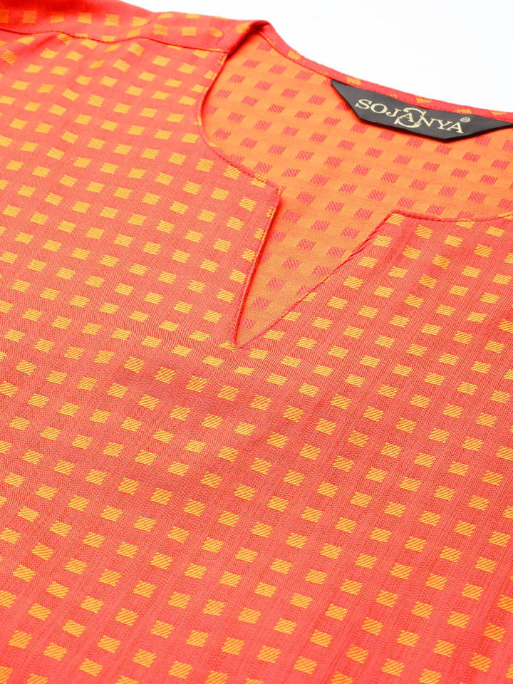 SOJANYA Men Orange Checked Straight Kurta