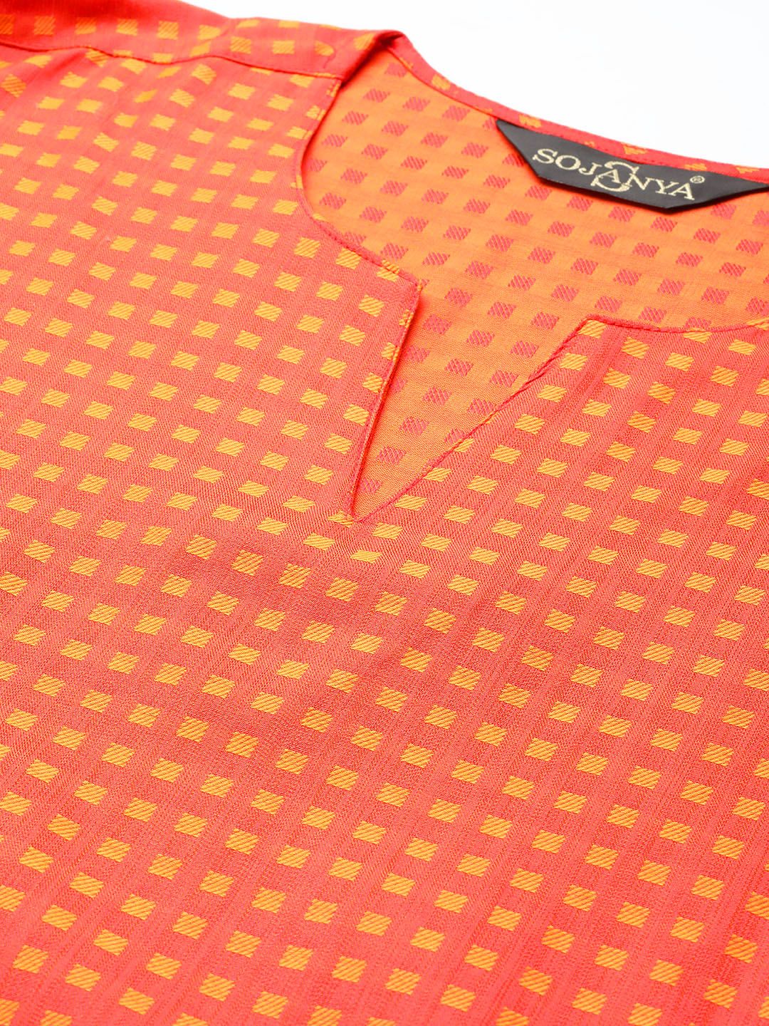 SOJANYA Men Orange Checked Straight Kurta