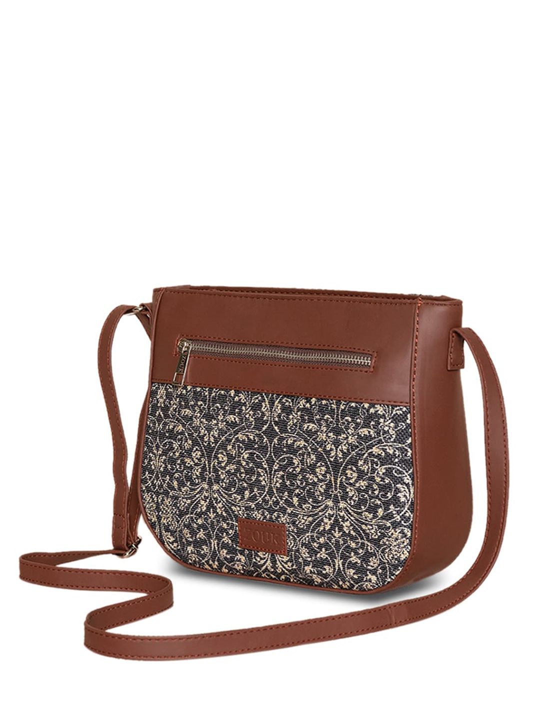 ZOUK Black Ethnic Motifs Printed Leather Structured Sling Bag