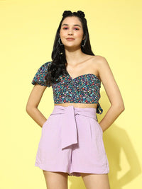 Berrylush Purple Floral Print One Shoulder Puff Sleeves Crepe Styled Back Crop Top