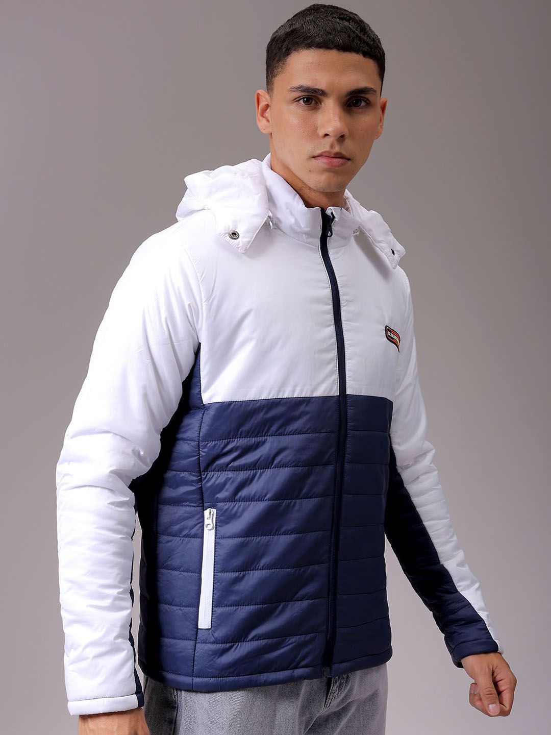 The Indian Garage Co Men Blue Colourblocked Detachable Hood Padded Jacket