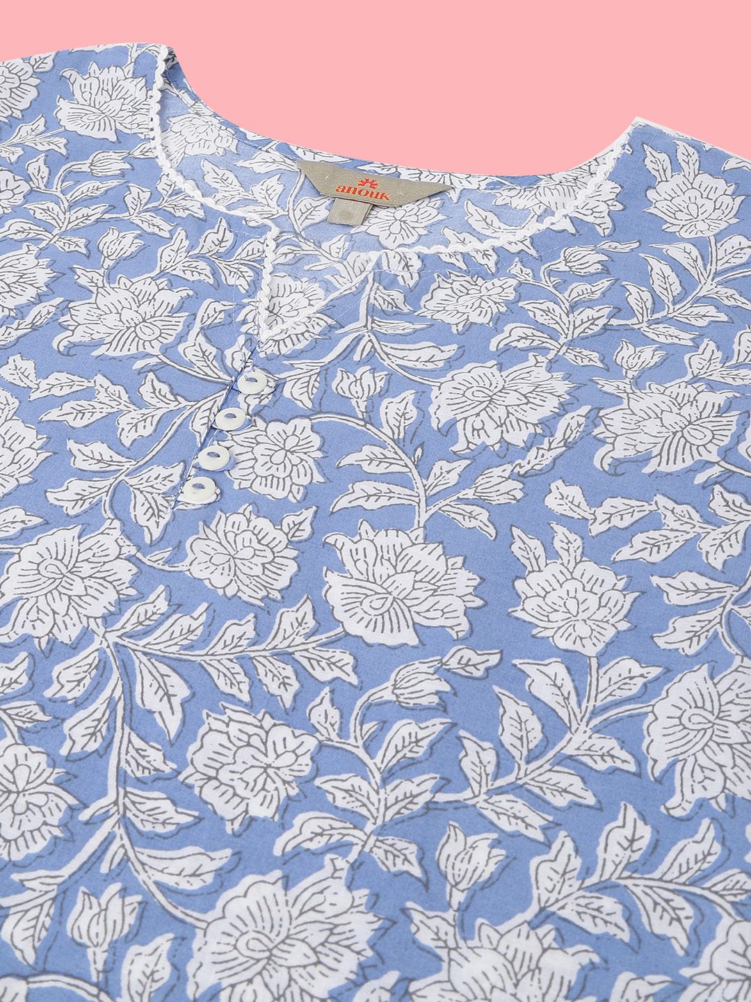Anouk Blue Floral Printed Straight Pure Cotton Short Kurti