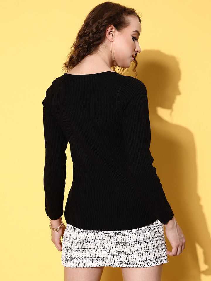 SASSAFRAS Women Black Ribbed Acrylic Pullover