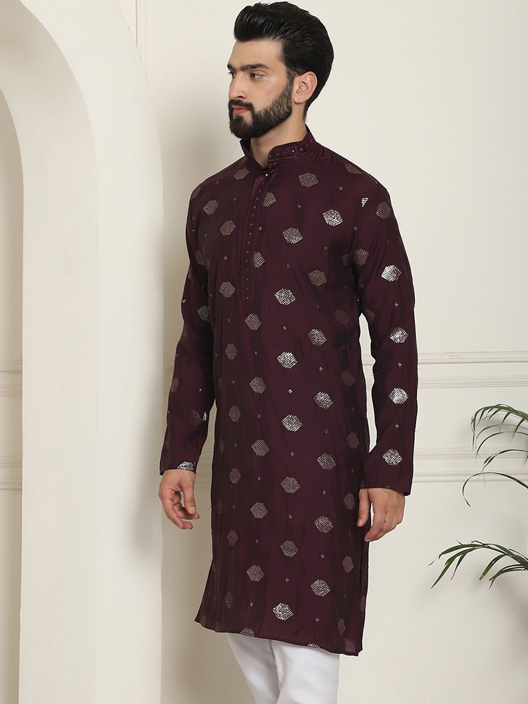 SOJANYA Dihiasi Geometrik Kolar Mandarin Kolar Kapas Sutera Lurus Kurta