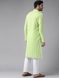 See Designs Men Lime Green & White Pure Cotton Printed Kurta with Pyjamas