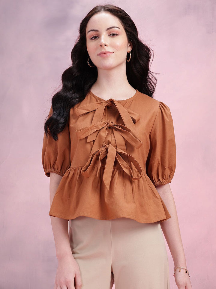 DressBerry Tie-Up Neck Puff Sleeve Cotton Top
