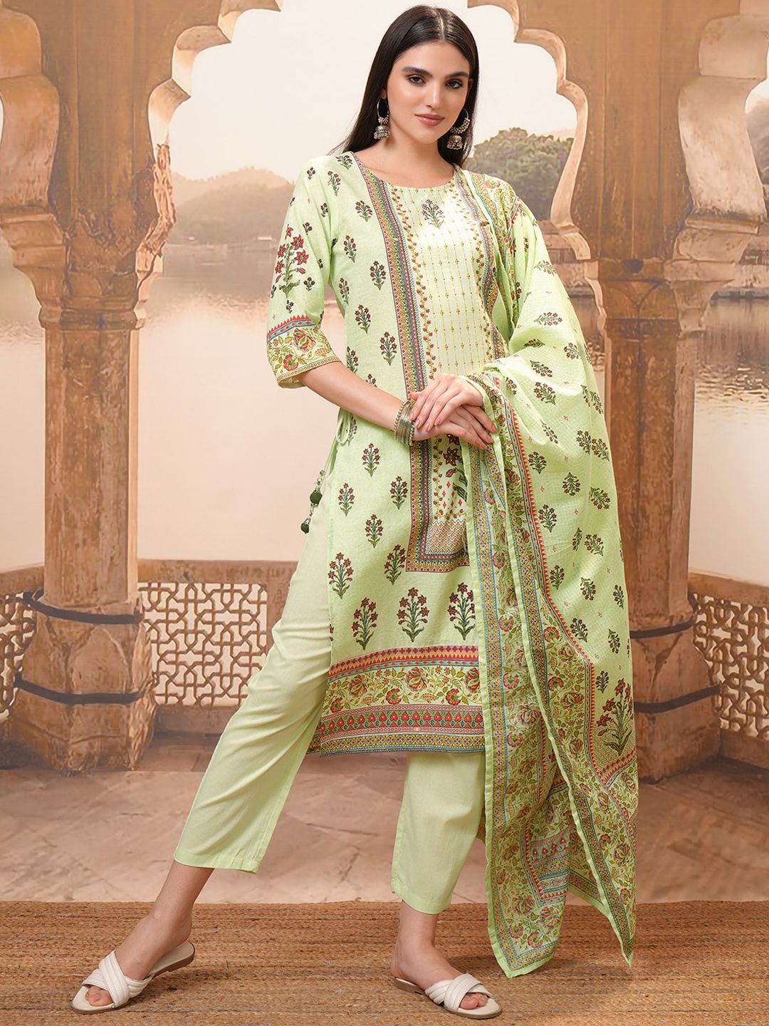 Vishudh Lime Green Floral Printed Pure Cotton Straight Kurta With Trousers & Dupatta
