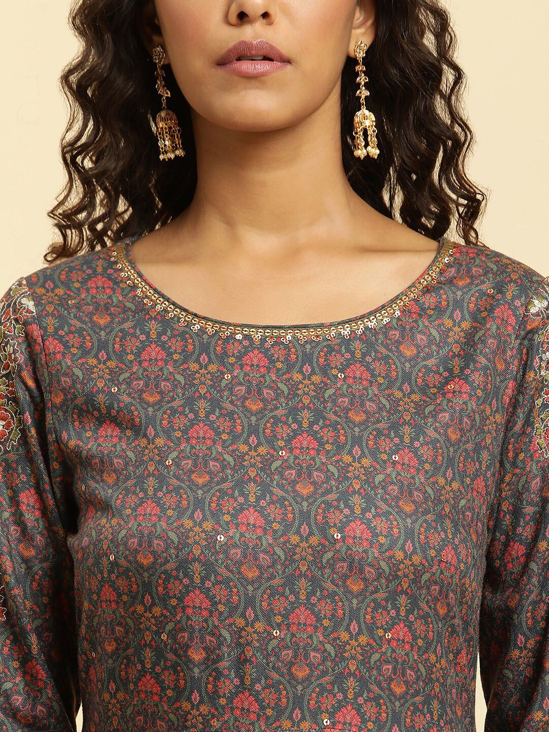 W Ethnic Motifs Printed Regular Sequinned Kurta with Trousers