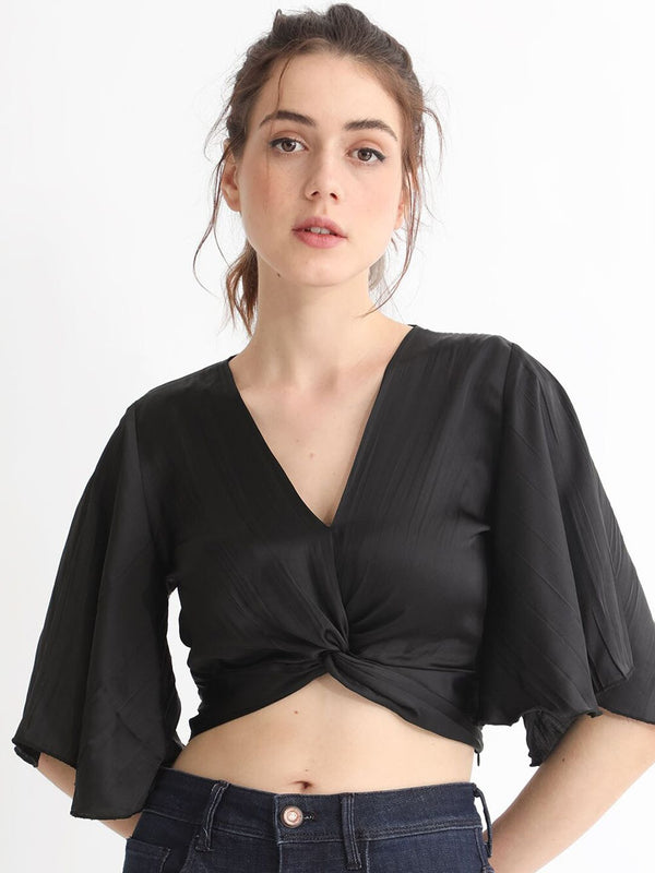 RAREISM V-Neck Flared Sleeve Cotton Crop Top