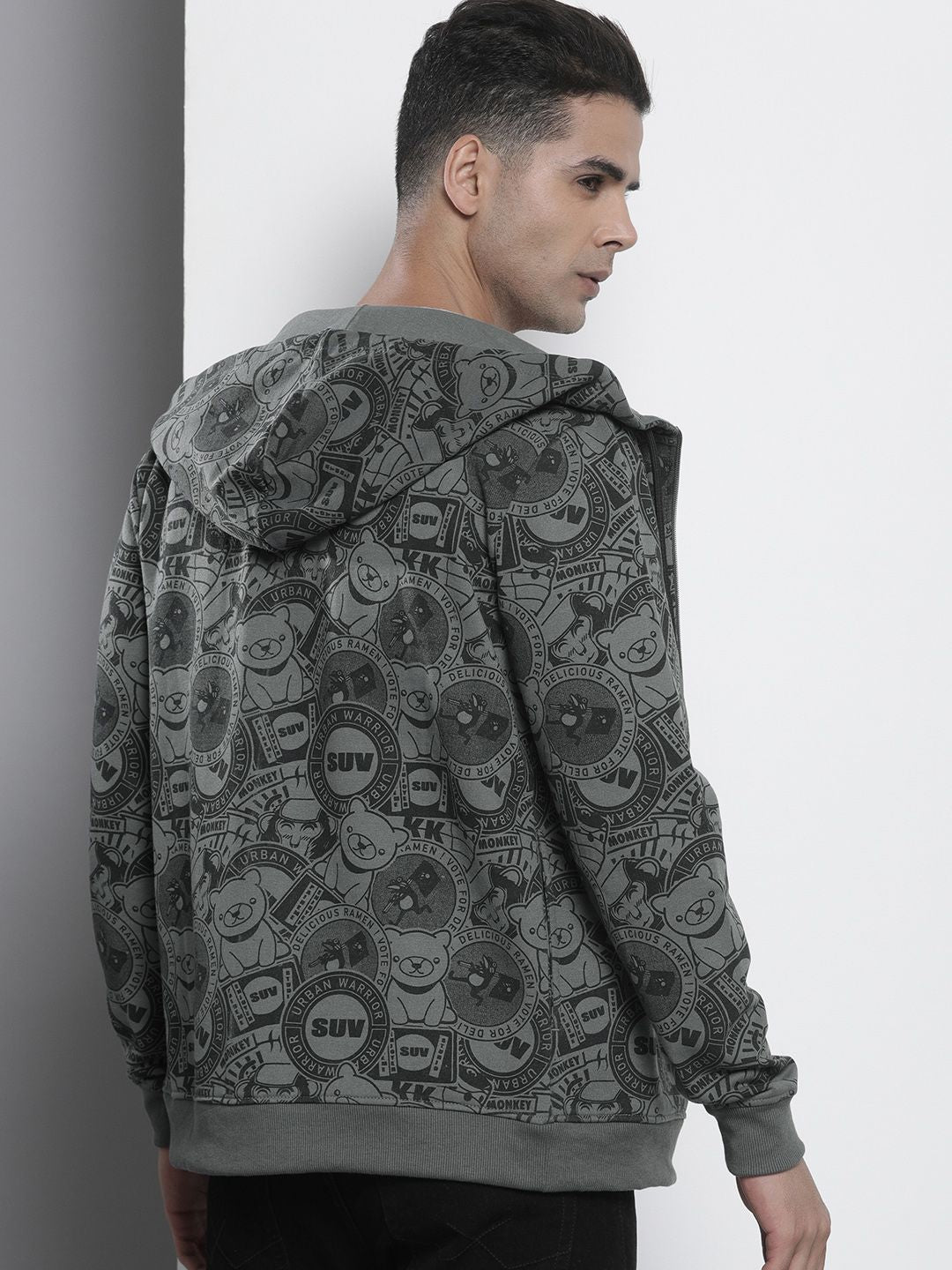 The Indian Garage Co Men Charcoal Grey Printed Hooded Sweatshirt