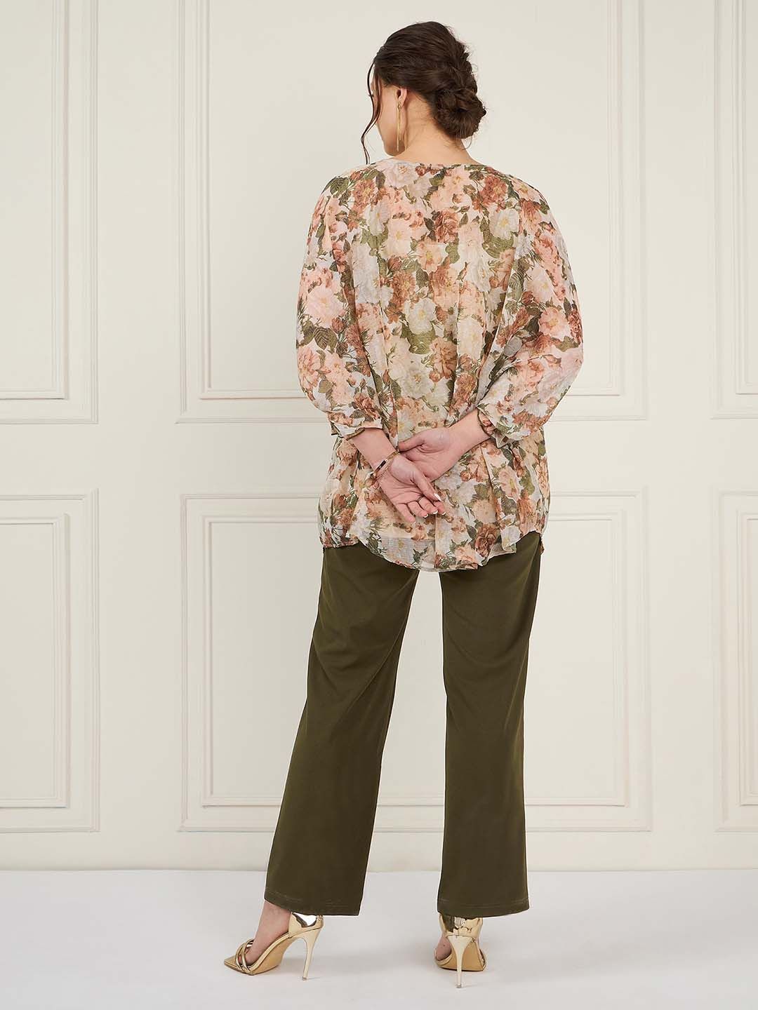 Antheaa Off White Floral Printed Tie Up Puff Sleeves Sequined Tunic With Trouser