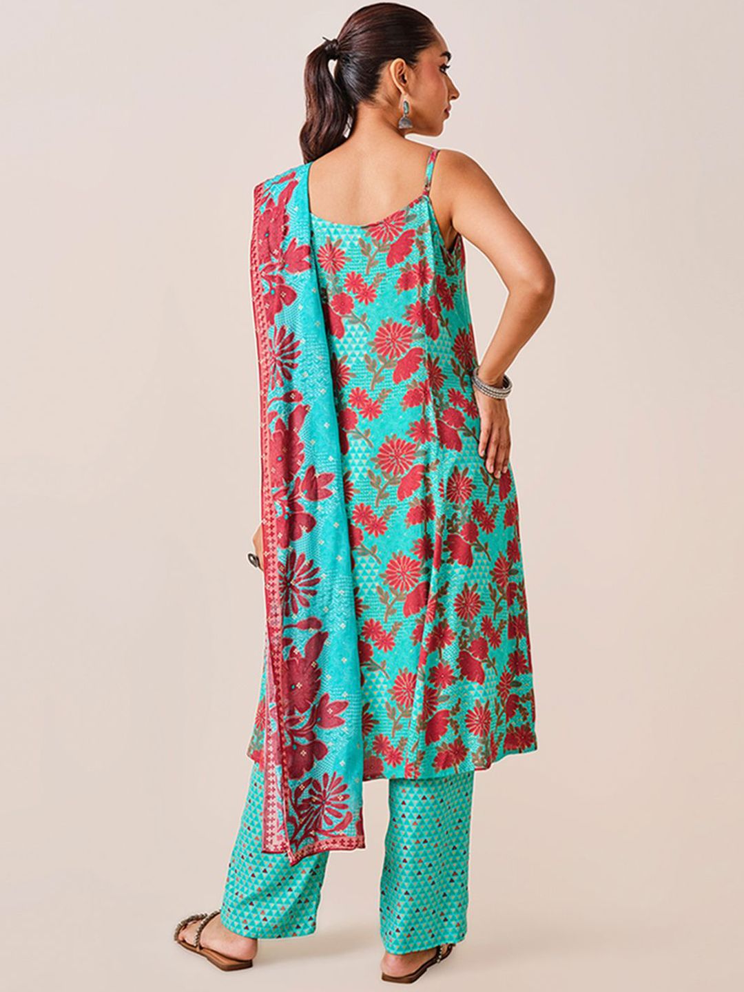 Global Desi Floral Printed Shoulder Straps A-Line Kurta With Trousers & Dupatta