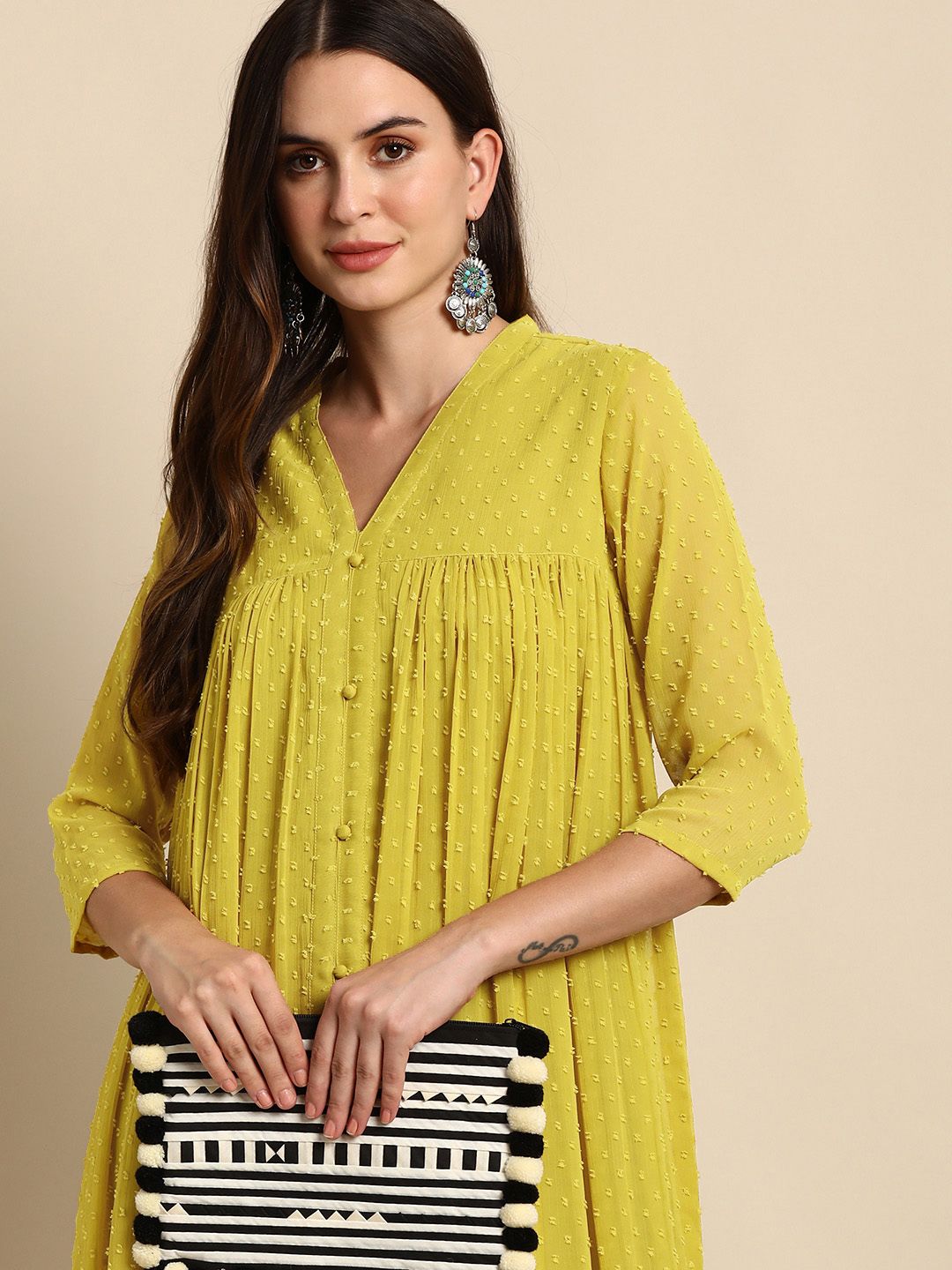 Janasya Women Mustard Chiffon Self Design Front Slit Kurta