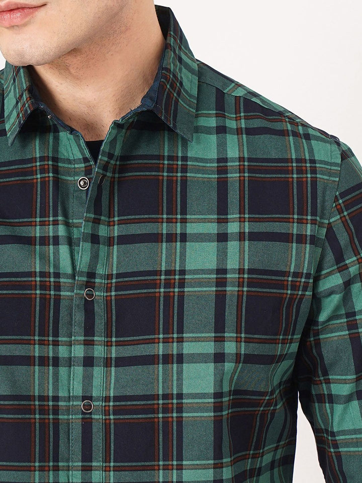 Garage India Co Green & Navy Blue Comfort Tartan diperiksa kemeja kapas terbalik