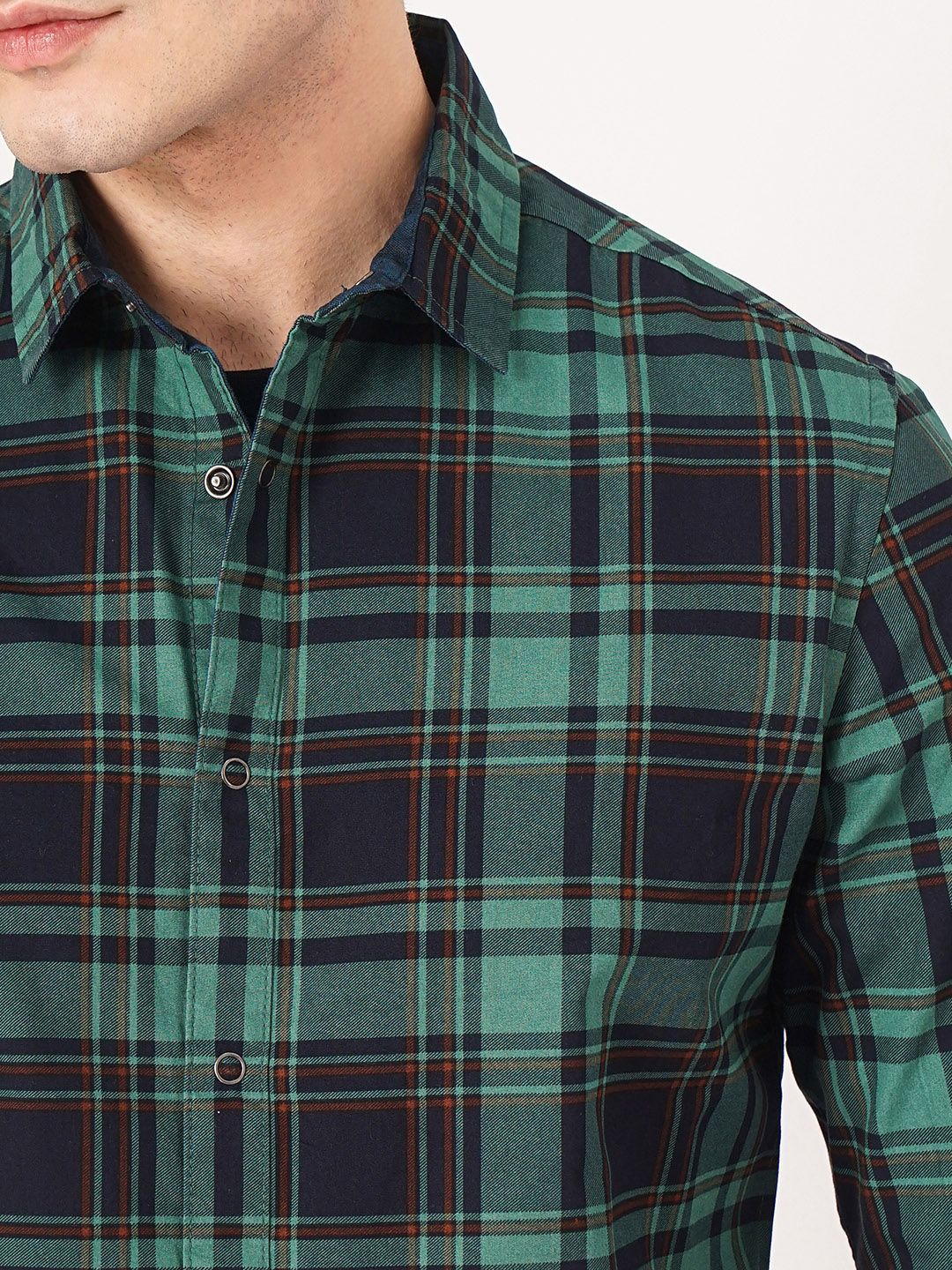 Garage India Co Green & Navy Blue Comfort Tartan diperiksa kemeja kapas terbalik