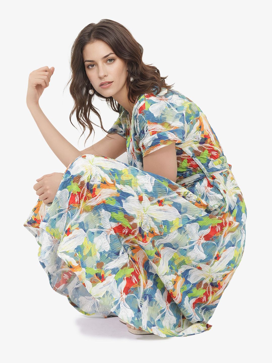 RAREISM V Neck Floral Printed Fit & Flare Midi Dress