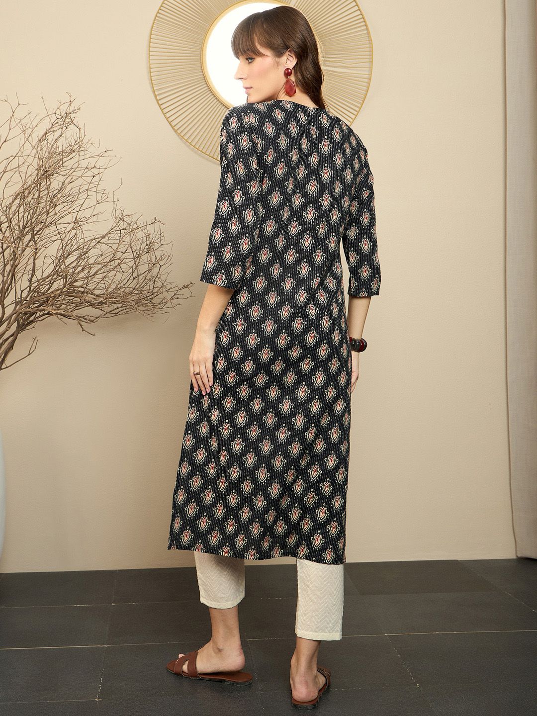 Indo Era Black Ethnic Motifs Printed Pure Cotton Straight Kurta